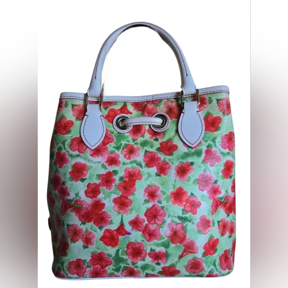 Dooney & Bourke Red and White Floral Drawstring Bucket Bag - Picture 4 of 16